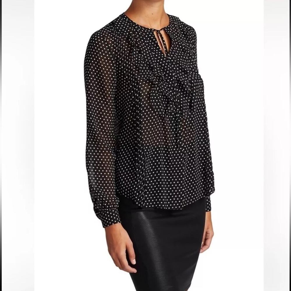 L’AGENCE Spade Print Black White Sheer Ruffle Tie Neck Blouse Button Cuffs S/P